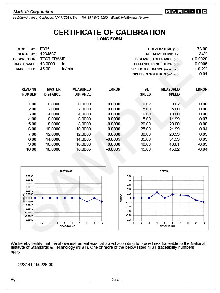 Certificate of Calibration, Distance & Speed (CERT-DS)